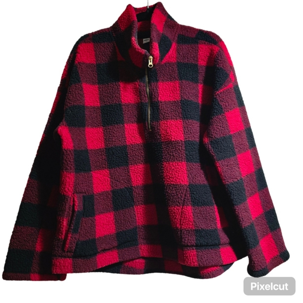 Old Navy XL Buffalo Red Black Plaid Fleece 1/4 Zip Kangaroo Jacket  EUC